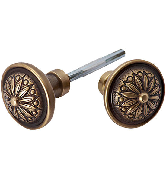 ##Antique Hardware## Solid Brass Round Sunflower Imprint Spare Door Knob Set