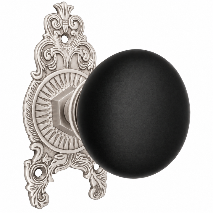 Ornate Victorian Rosette Door Set with Black Porcelain Door Knobs (Several Finishes Available)