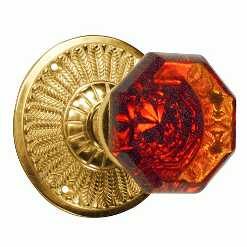Feather Rosette Door Set with Amber Octagon Glass Door Knobs (Several Finishes Available)