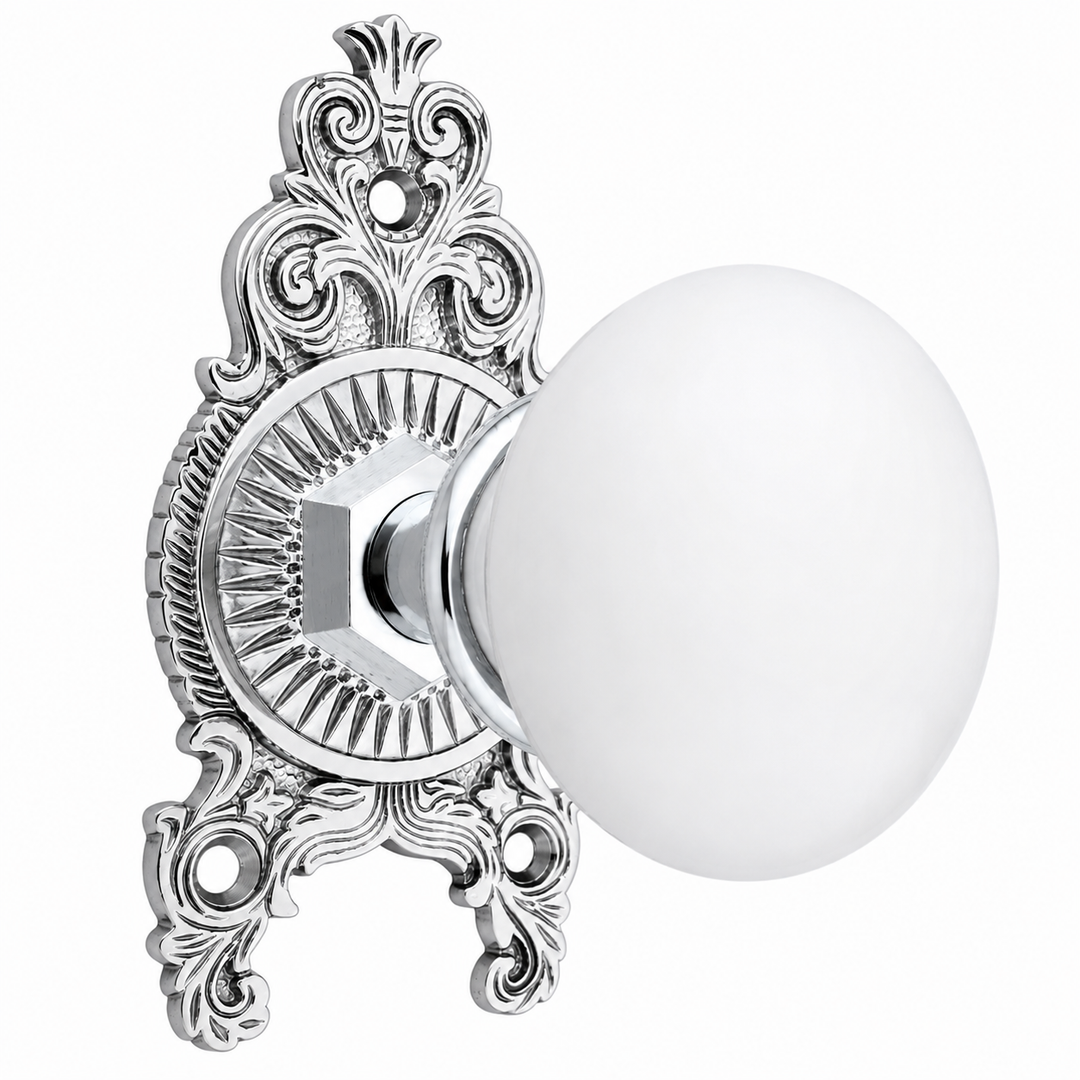 Ornate Victorian Rosette Door Set with White Porcelain Door Knobs (Several Finishes Available)