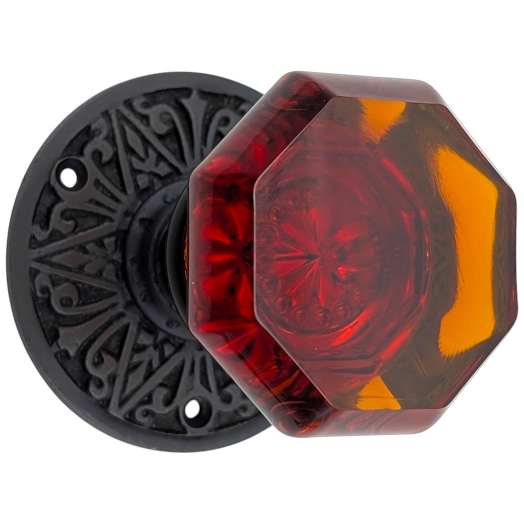 Eastlake Rosette Door Set with Octagon Amber Glass Door Knobs (Several Finishes Available)