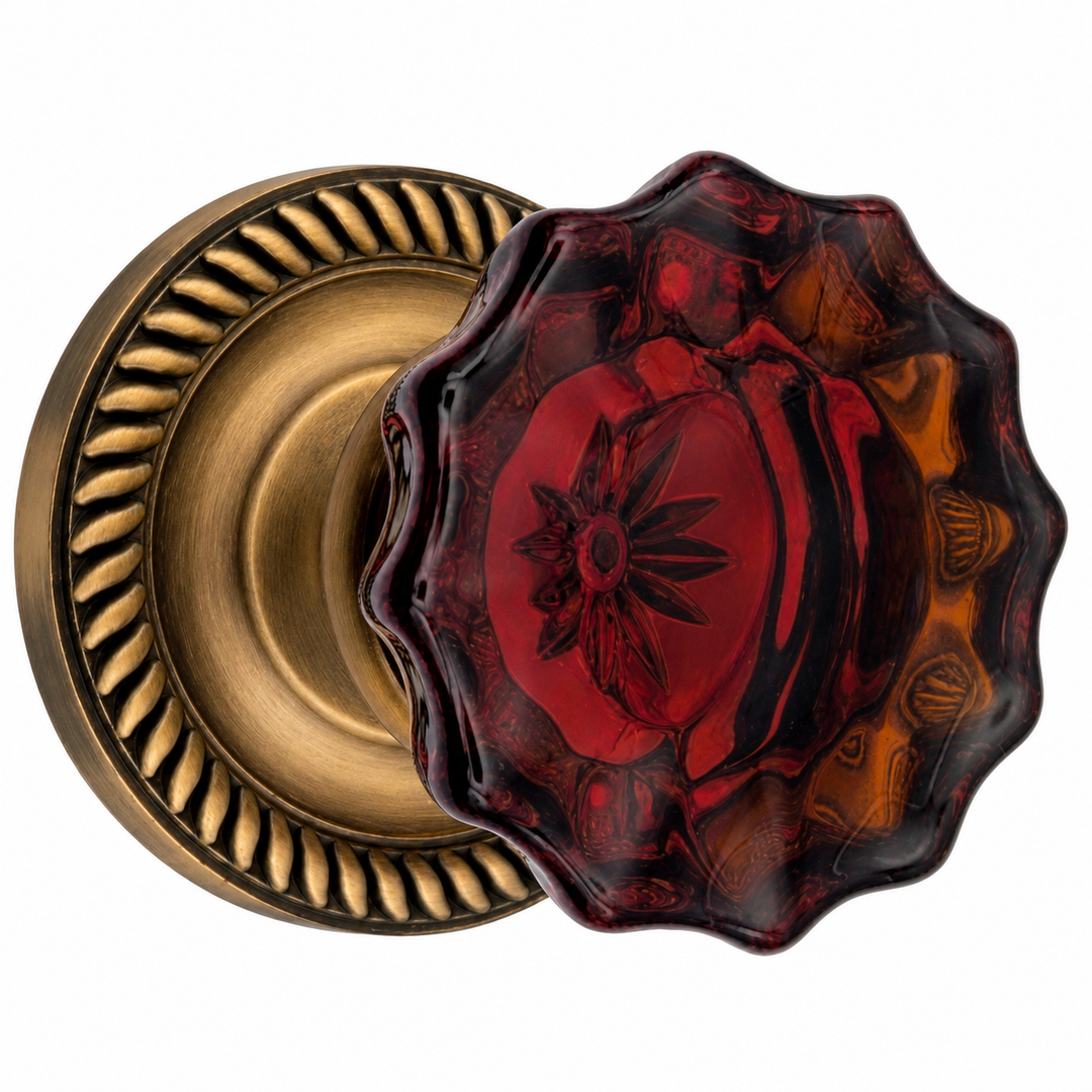 Traditional Georgian Roped Rosettes with Fluted Amber Glass Door Knobs (Several Finishes Available)