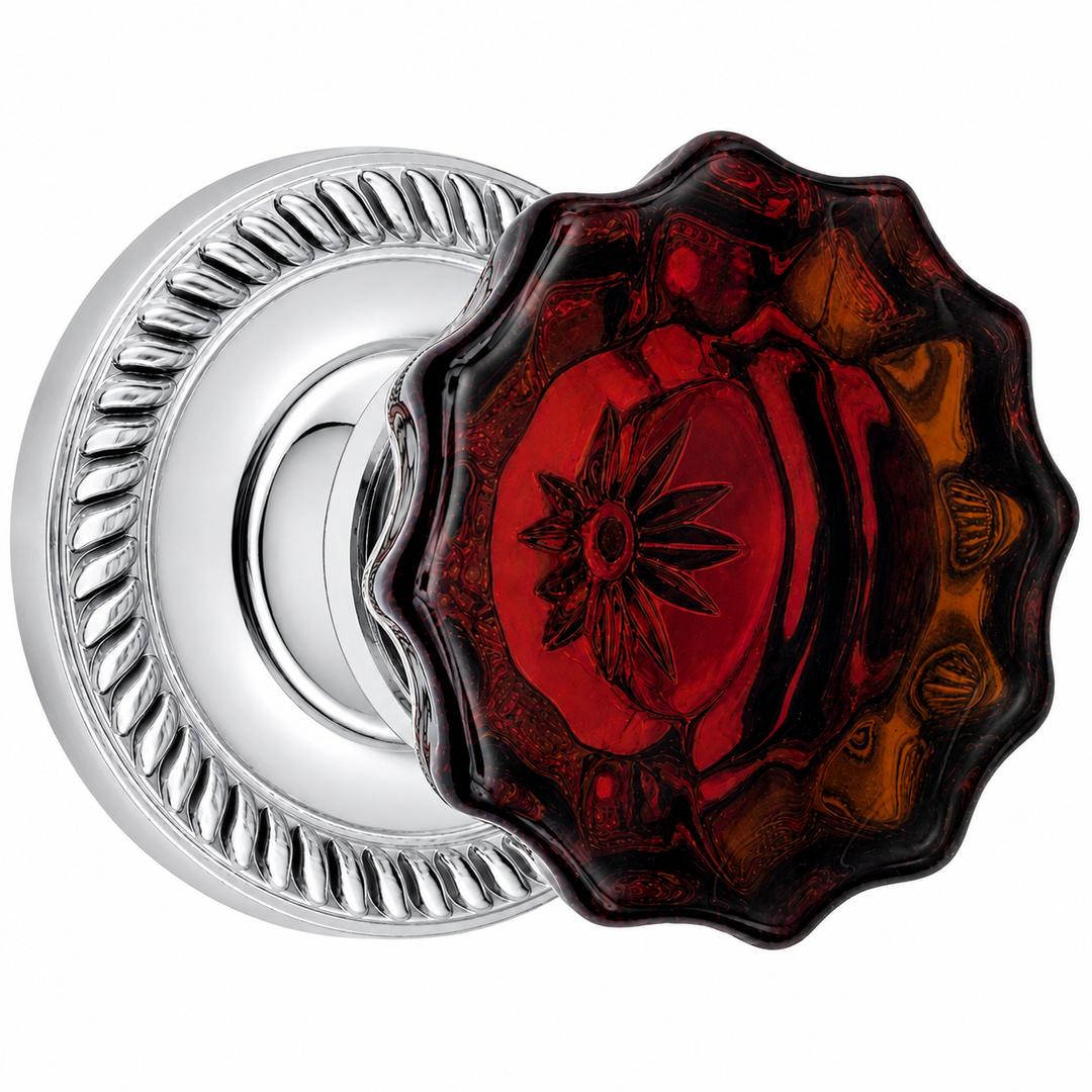 Traditional Georgian Roped Rosettes with Fluted Amber Glass Door Knobs (Several Finishes Available)