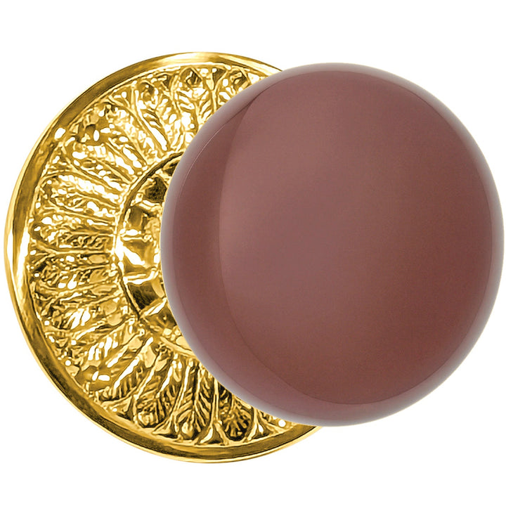 Brown Porcelain Door Knob with Brass Feathers Rosette (Several Finishes Available)