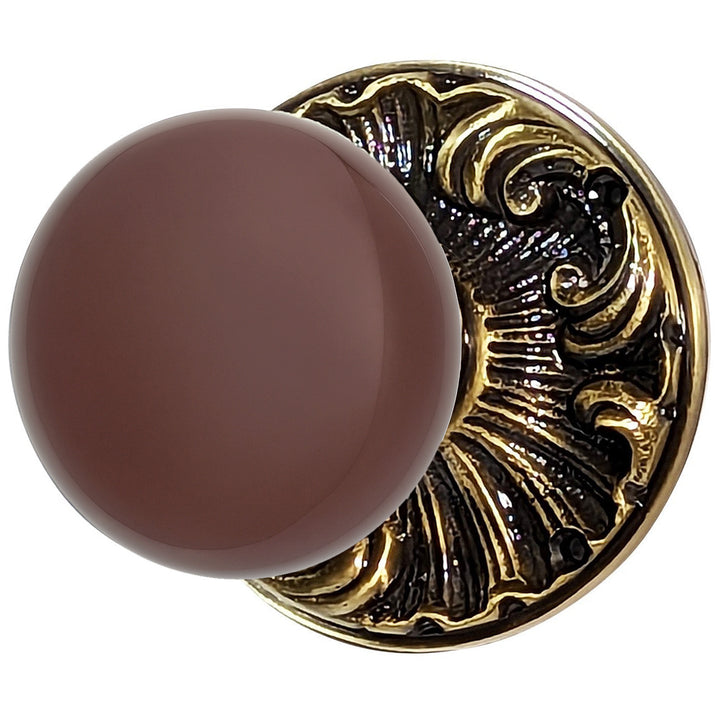 Brown Porcelain Door Knob Set with Romanesque Rosette