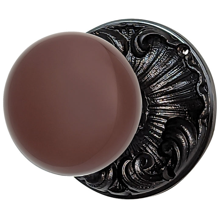 Brown Porcelain Door Knob Set with Romanesque Rosette