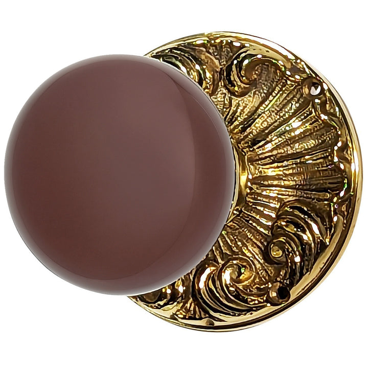 Brown Porcelain Door Knob Set with Romanesque Rosette
