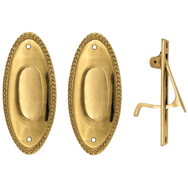 ##Antique Hardware## Beaded Oval Pocket Door Set (Polished Brass Finish)