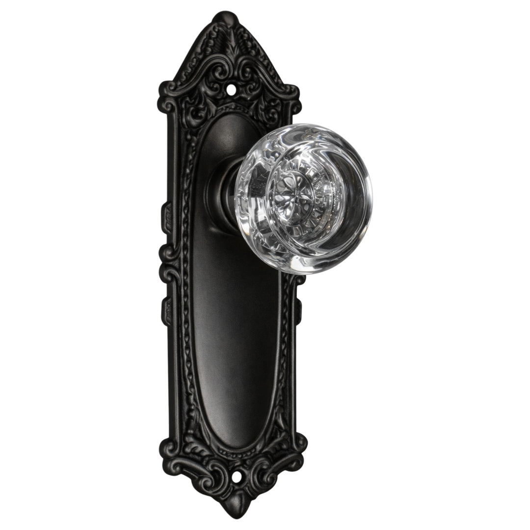 Ornate Victorian Long Backplate Door Set with Crystal Round Door Knobs (Several Finishes Available)