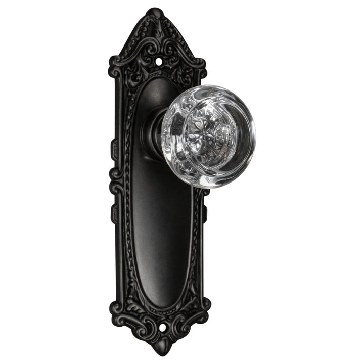 Ornate Victorian Long Backplate Door Set with Crystal Round Door Knobs (Several Finishes Available)