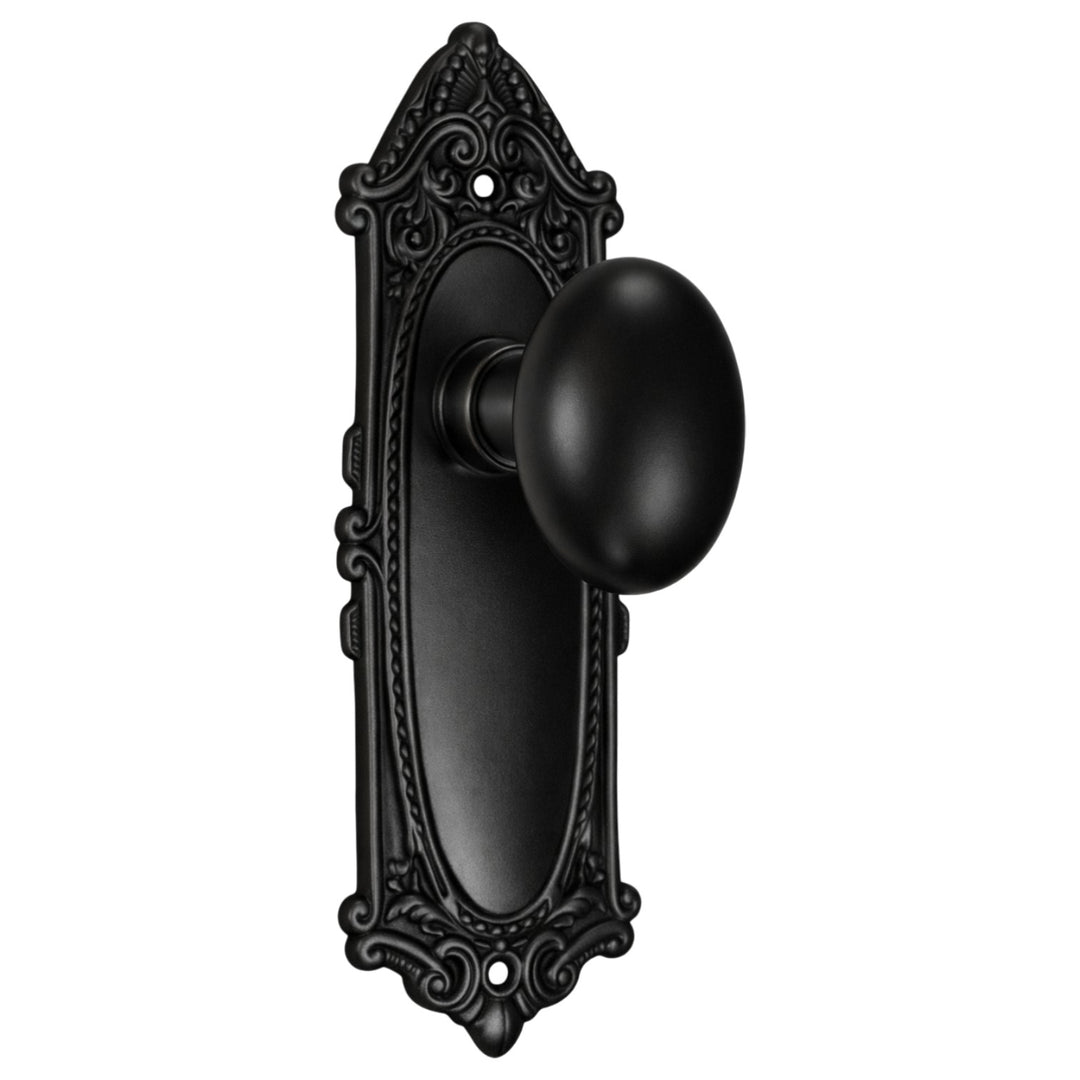 Ornate Victorian Long Backplate Door Set with Egg Door Knobs (Several Finishes Available)