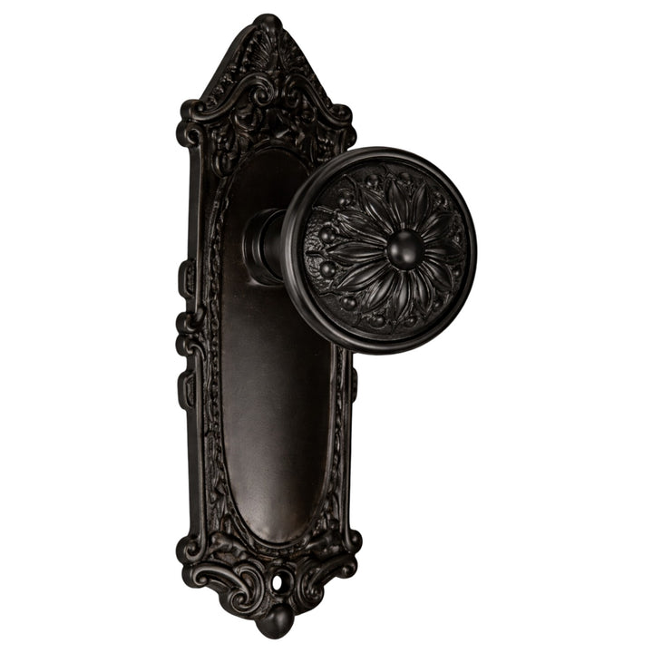 Ornate Victorian Long Backplate Door Set with Floral Imprint Door Knobs (Several Finishes Available)