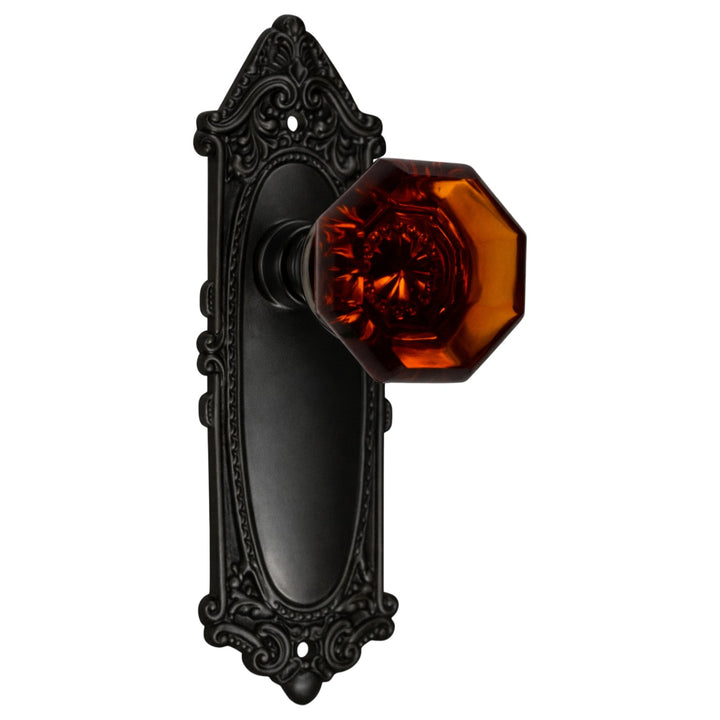 Ornate Victorian Long Backplate Door Set with Octagon Amber Glass Door Knobs (Several Finishes Available)