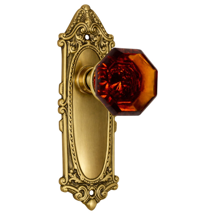 Ornate Victorian Long Backplate Door Set with Octagon Amber Glass Door Knobs (Several Finishes Available)