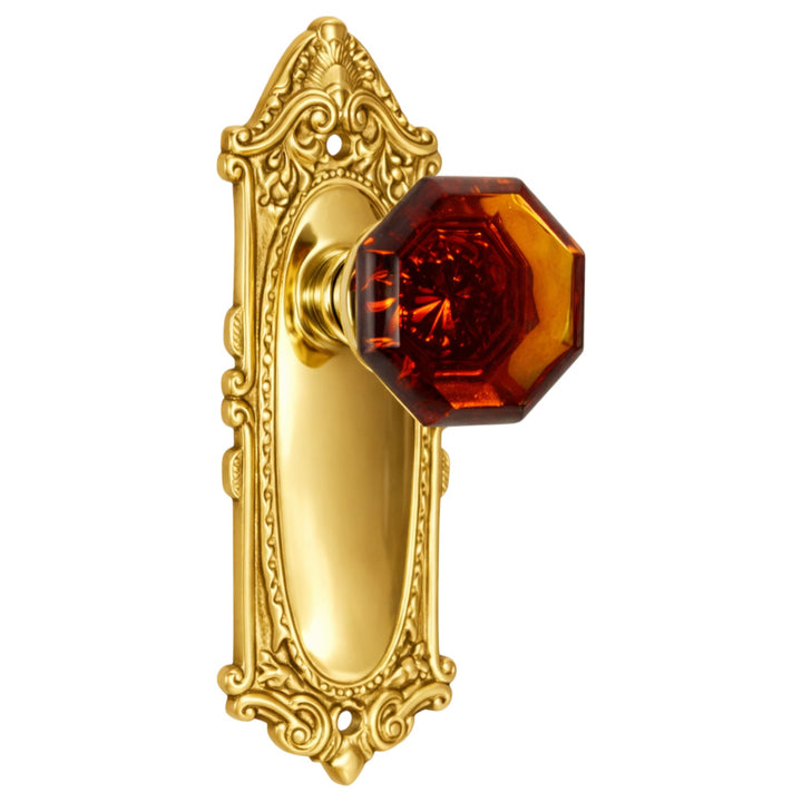 Ornate Victorian Long Backplate Door Set with Octagon Amber Glass Door Knobs (Several Finishes Available)