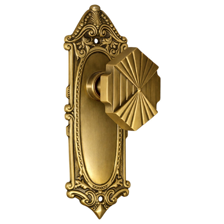 Ornate Victorian Long Backplate Door Set with Art Deco Fanfare Door Knobs (Several Finishes Available)