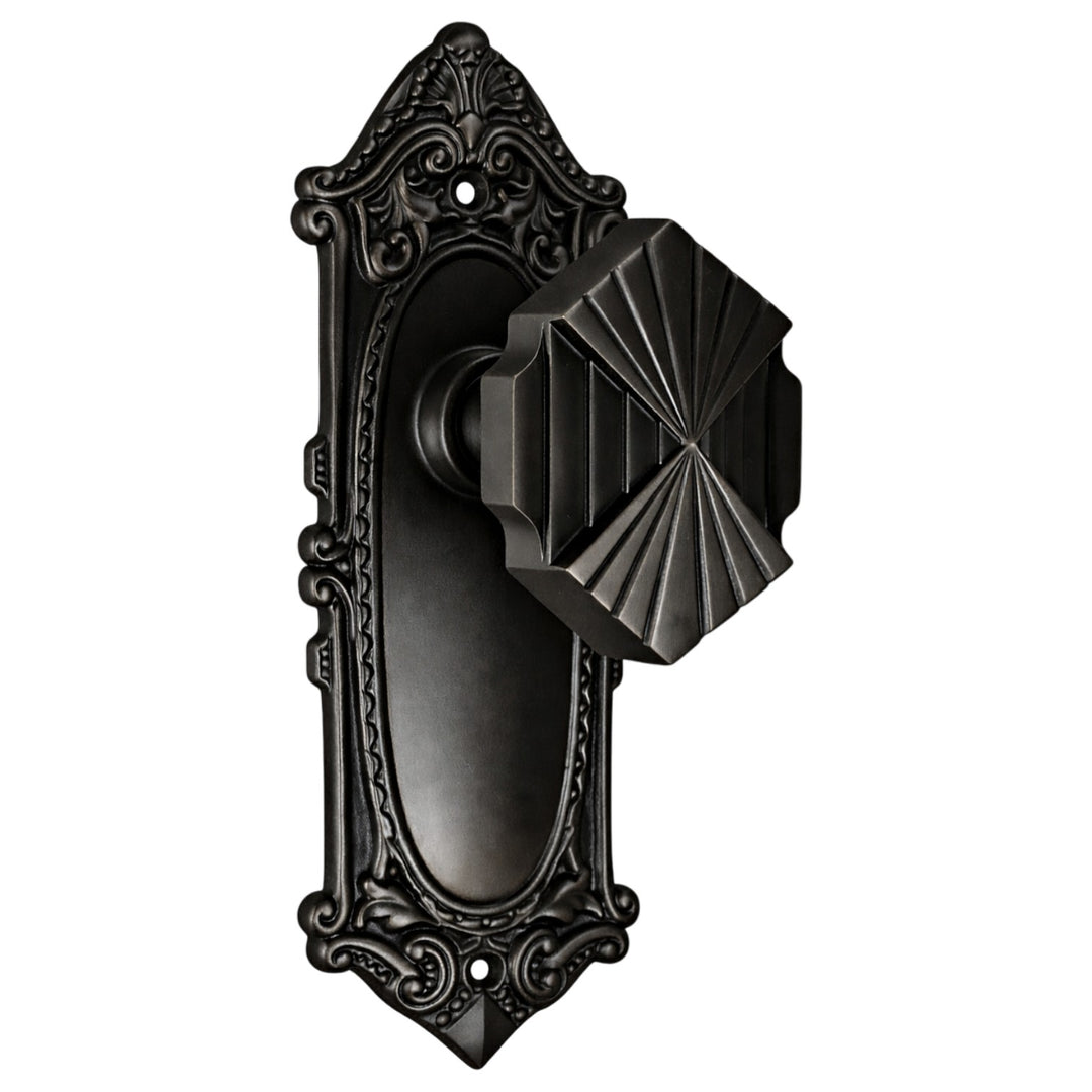 Ornate Victorian Long Backplate Door Set with Art Deco Fanfare Door Knobs (Several Finishes Available)