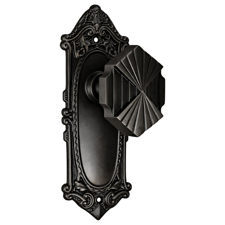 Ornate Victorian Long Backplate Door Set with Art Deco Fanfare Door Knobs (Several Finishes Available)