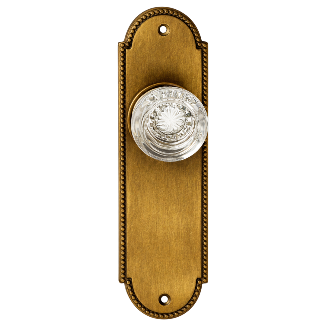 Arched Beaded Backplate Door Set with Round Crystal Door Knobs (Several Finishes Available)