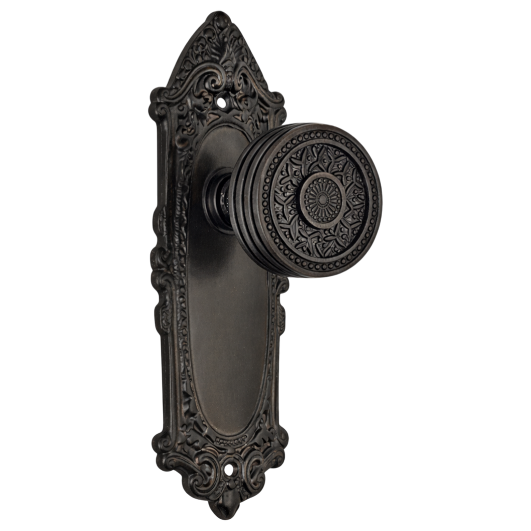 Ornate Victorian Long Backplate Door Set with Rice Pattern Door Knobs (Several Finishes Available)