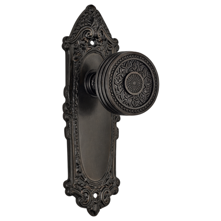 Ornate Victorian Long Backplate Door Set with Rice Pattern Door Knobs (Several Finishes Available)