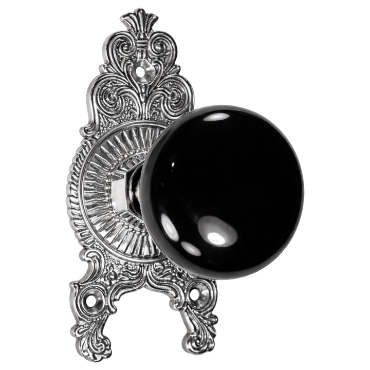 Ornate Victorian Rosette Door Set with Black Porcelain Door Knobs (Several Finishes Available)