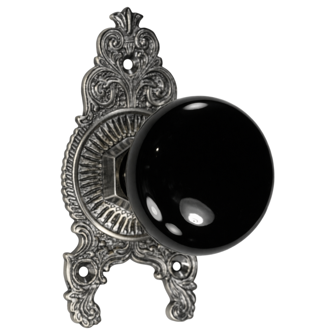 Ornate Victorian Rosette Door Set with Black Porcelain Door Knobs (Several Finishes Available)