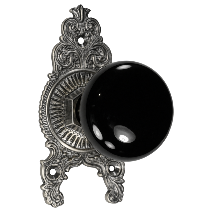 Ornate Victorian Rosette Door Set with Black Porcelain Door Knobs (Several Finishes Available)