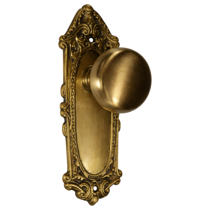 Round Solid Brass Doorknob with Ornate Victorian Backplate (Several Finishes Available)