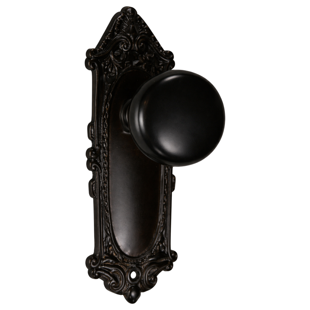 Round Solid Brass Doorknob with Ornate Victorian Backplate (Several Finishes Available)