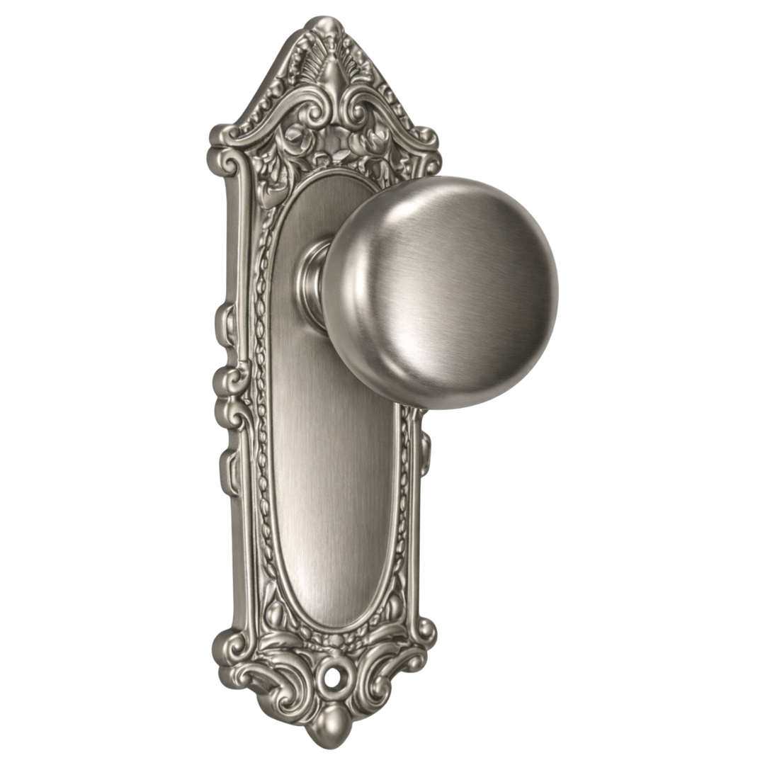 Round Solid Brass Doorknob with Ornate Victorian Backplate (Several Finishes Available)