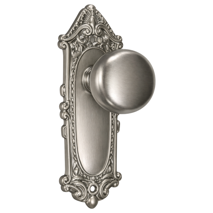 Round Solid Brass Doorknob with Ornate Victorian Backplate (Several Finishes Available)