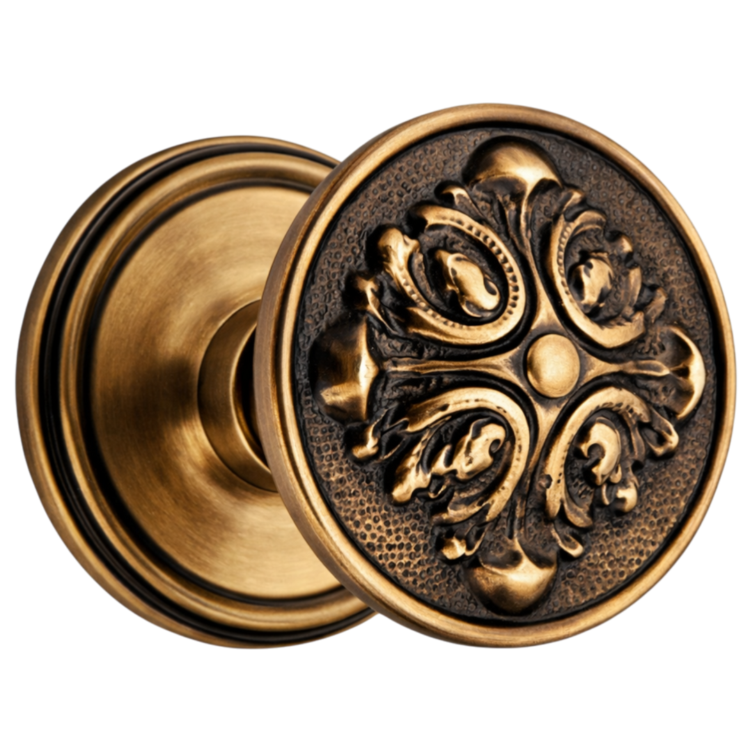 Traditional Rosette Door Knob Set with Romanesque Style Door Knobs (Several Finishes Available)