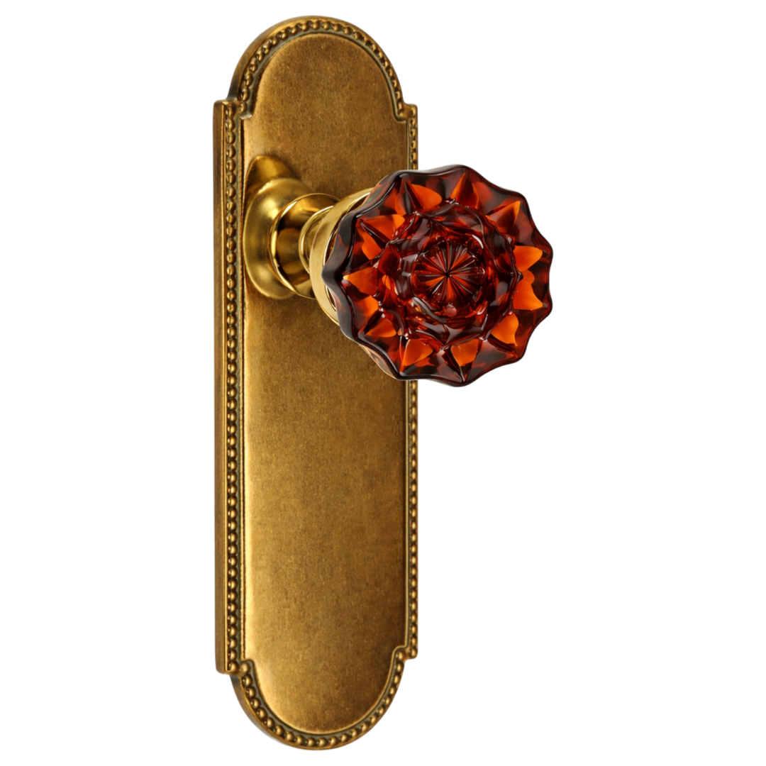 Arched Beaded Backplate Door Set with Fluted Amber Glass Door Knobs (Several Finishes Available)