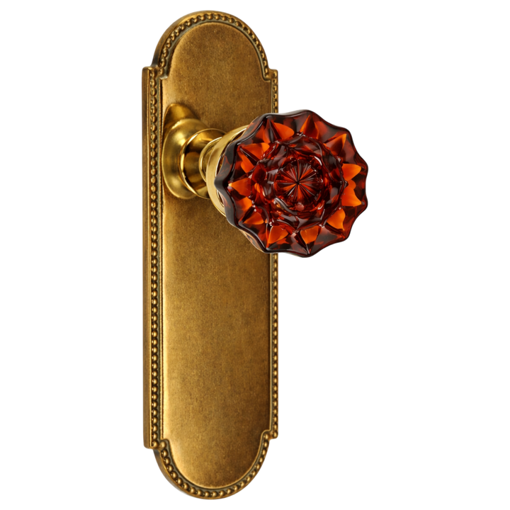 Arched Beaded Backplate Door Set with Fluted Amber Glass Door Knobs (Several Finishes Available)