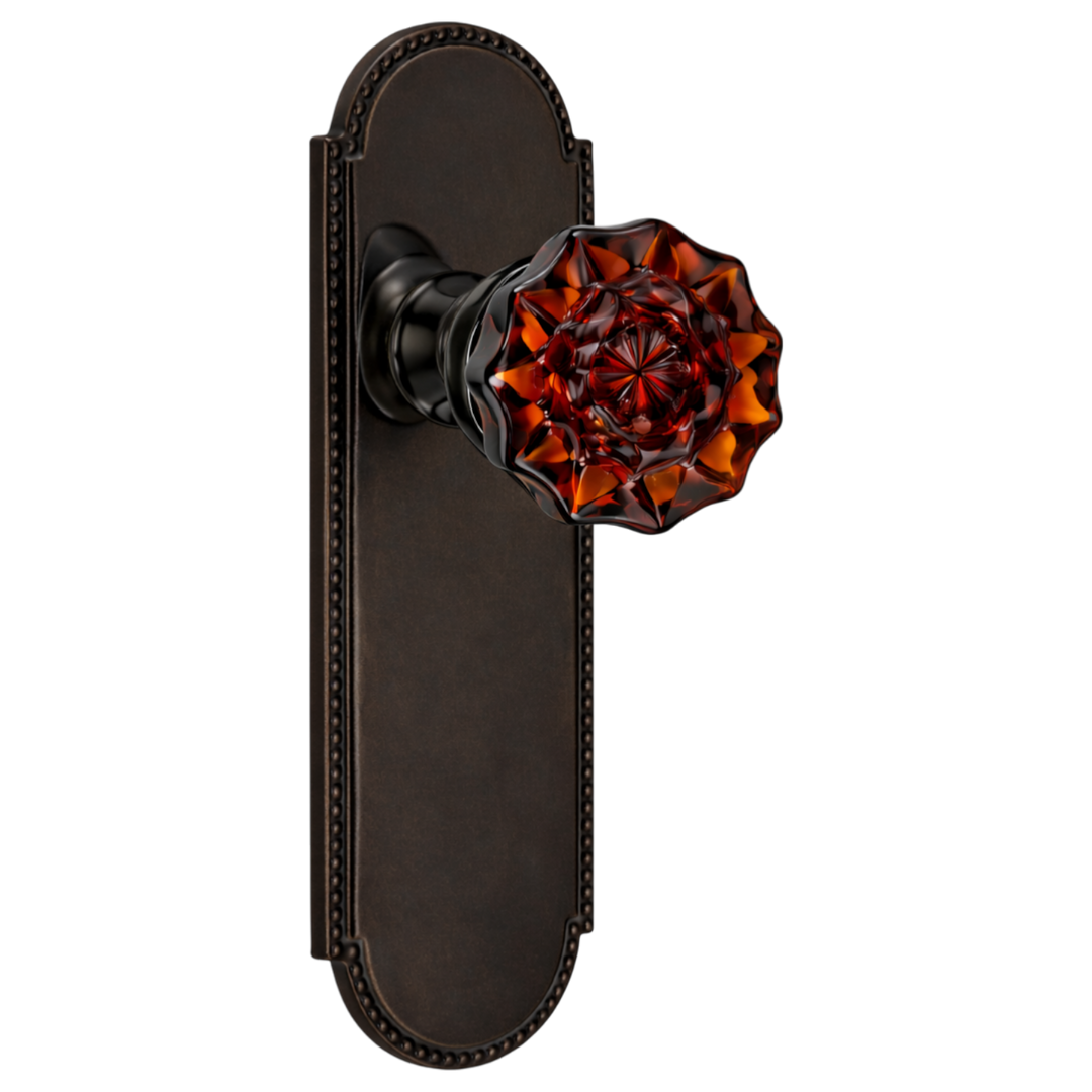Arched Beaded Backplate Door Set with Fluted Amber Glass Door Knobs (Several Finishes Available)