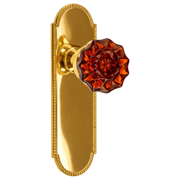 Arched Beaded Backplate Door Set with Fluted Amber Glass Door Knobs (Several Finishes Available)