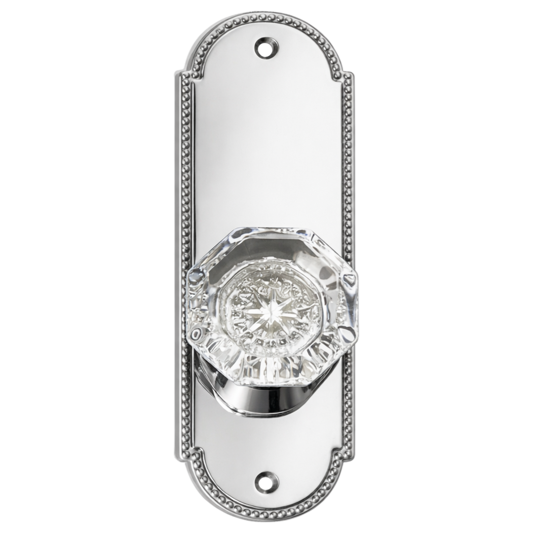 Arched Beaded Backplate Door Set with Octagon Crystal Door Knobs (Several Finishes Available)