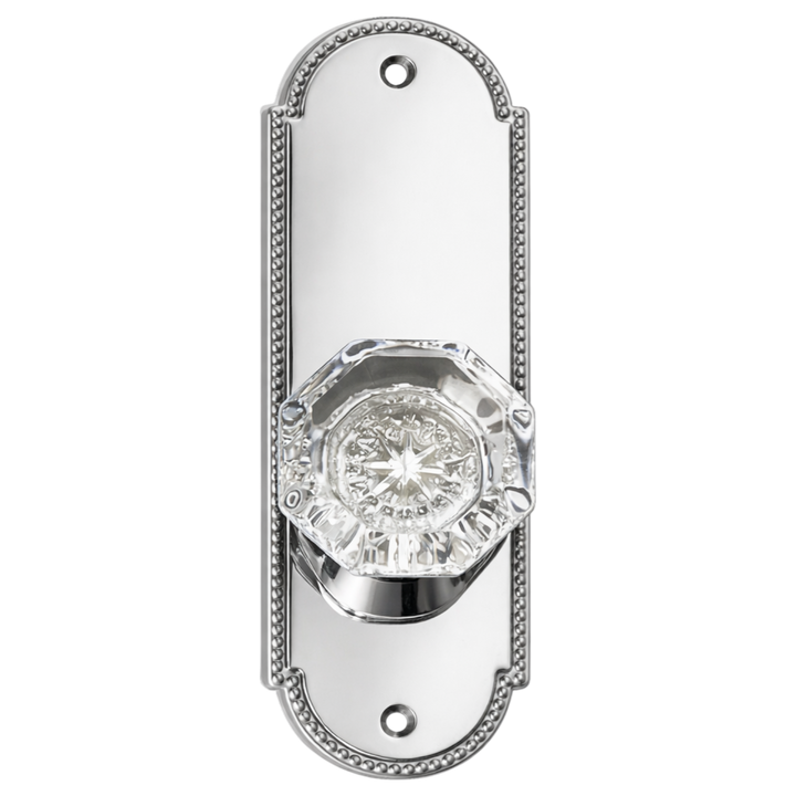 Arched Beaded Backplate Door Set with Octagon Crystal Door Knobs (Several Finishes Available)