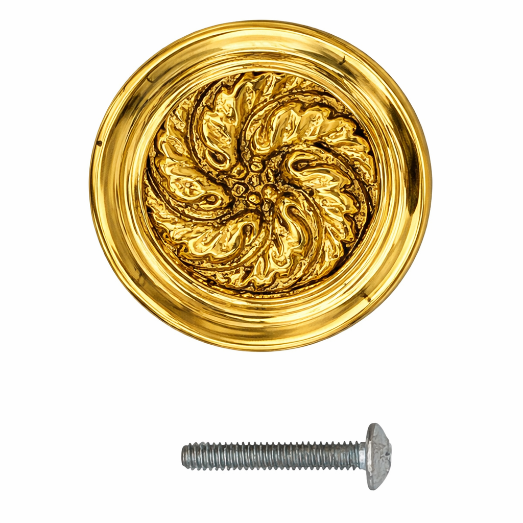 1 4/5 Inch Solid Brass Round Floral Print Leaf Cabinet & Furniture Knob (Several Finishes Available)