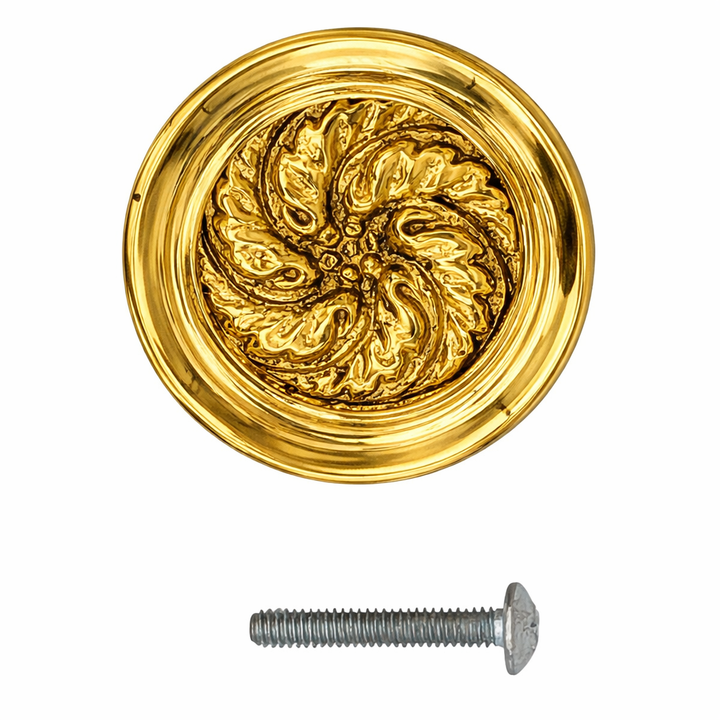 1 4/5 Inch Solid Brass Round Floral Print Leaf Cabinet & Furniture Knob (Several Finishes Available)