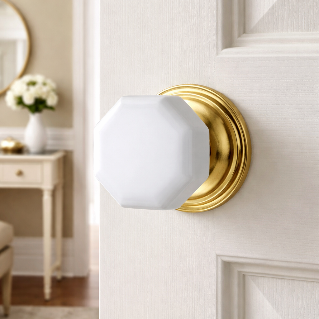 Traditional Rosette Door Set with Octagon Milk Glass Door Knobs (Several Finishes Available)