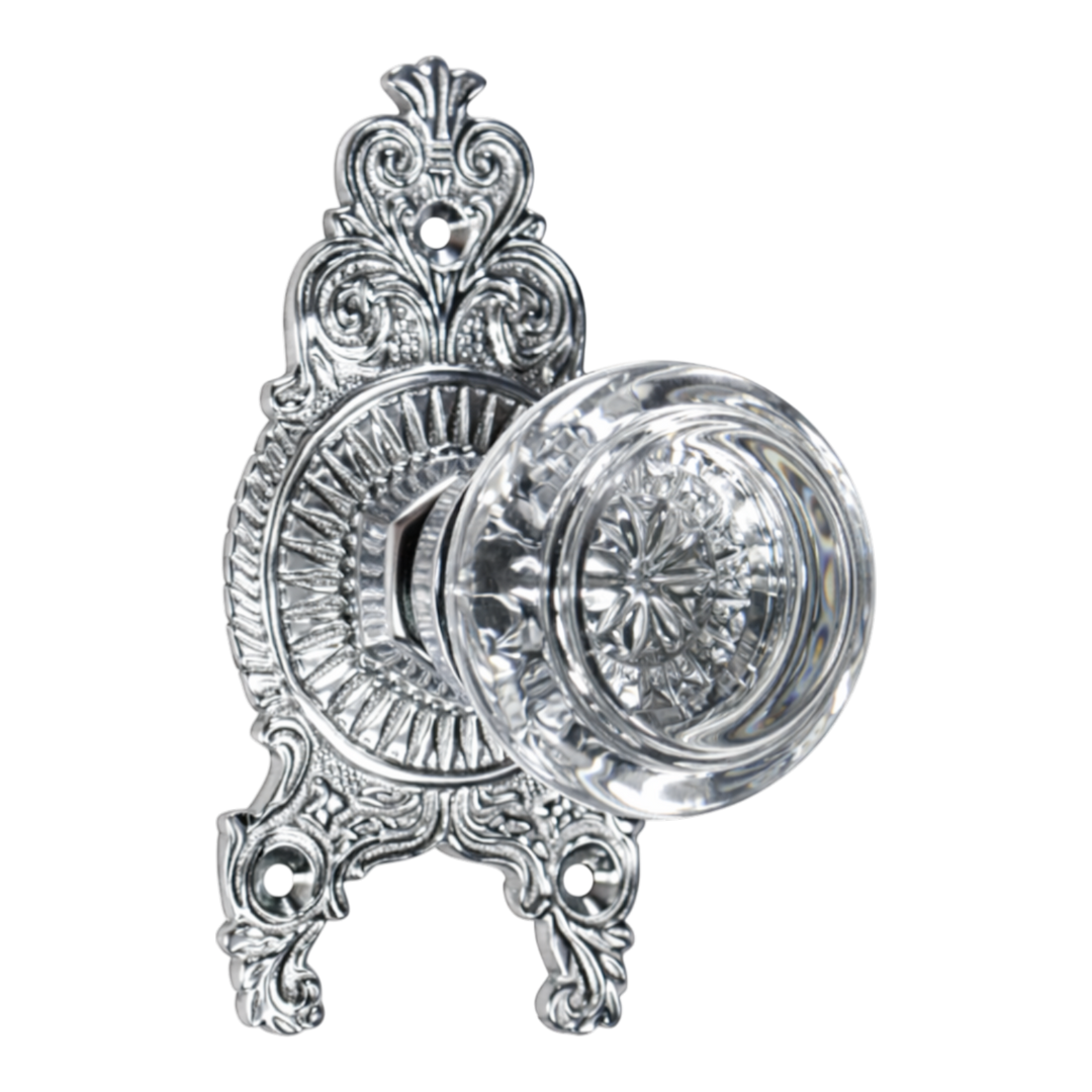 Ornate Victorian Rosette with Round Crystal Door Knobs (Several Finishes Available)