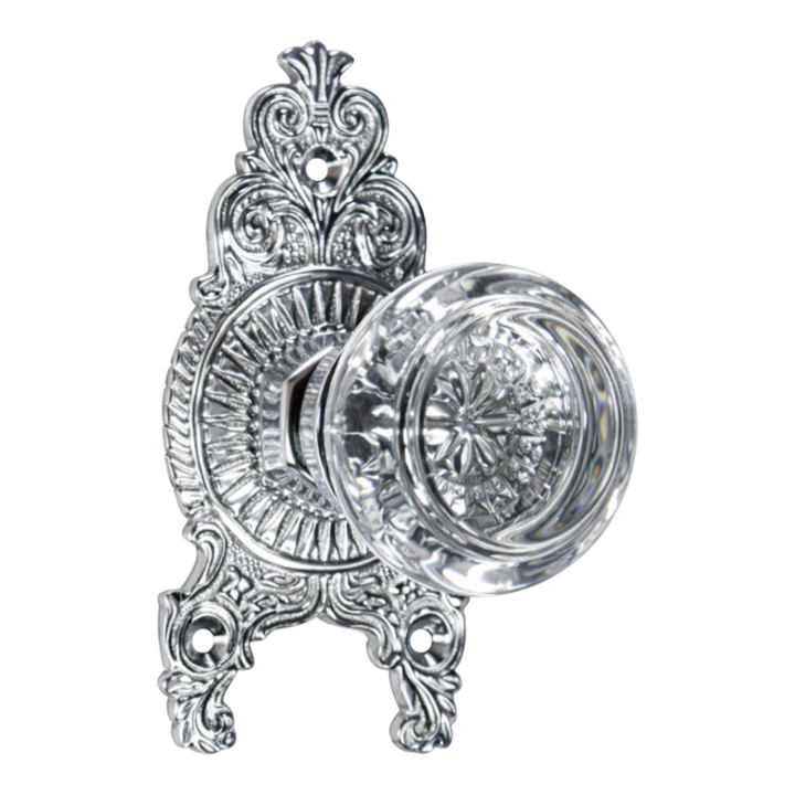 Ornate Victorian Rosette with Round Crystal Door Knobs (Several Finishes Available)