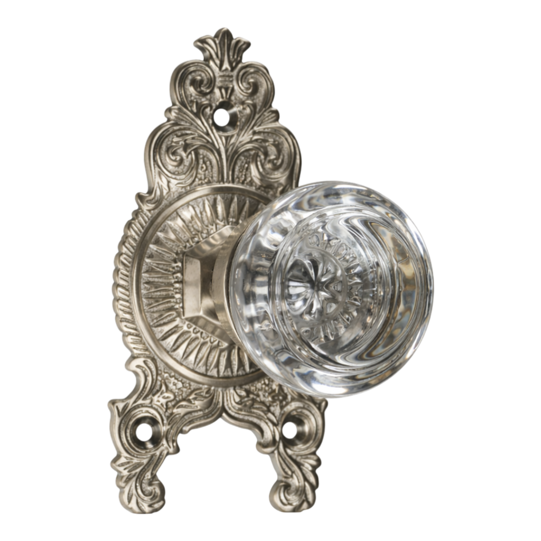 Ornate Victorian Rosette with Round Crystal Door Knobs (Several Finishes Available)