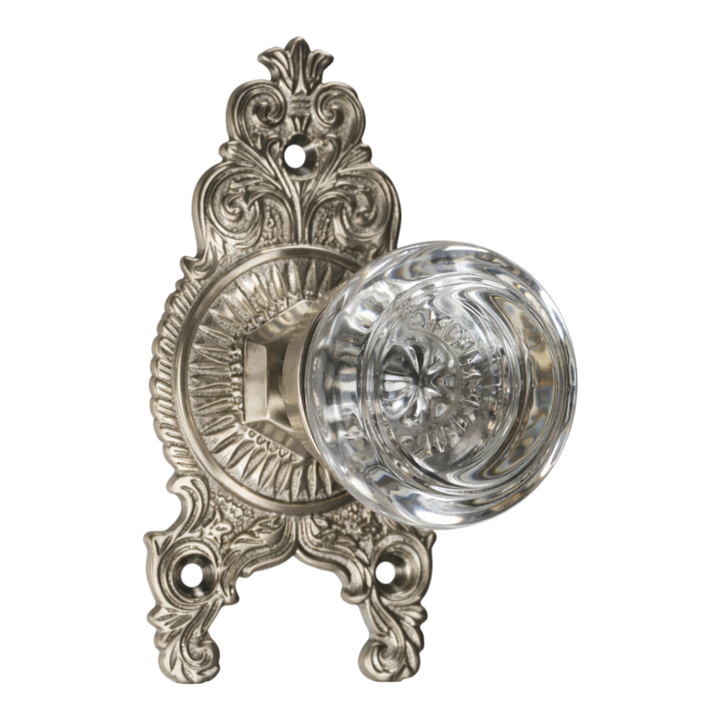 Ornate Victorian Rosette with Round Crystal Door Knobs (Several Finishes Available)