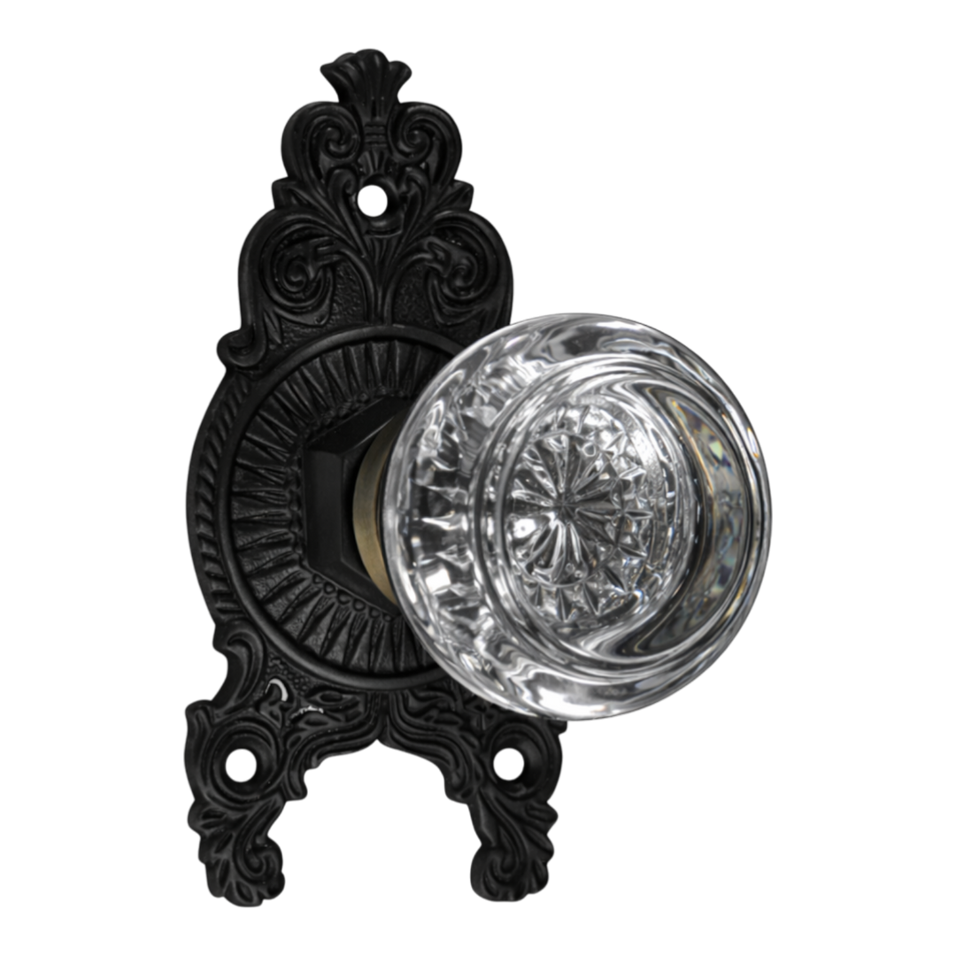 Ornate Victorian Rosette with Round Crystal Door Knobs (Several Finishes Available)