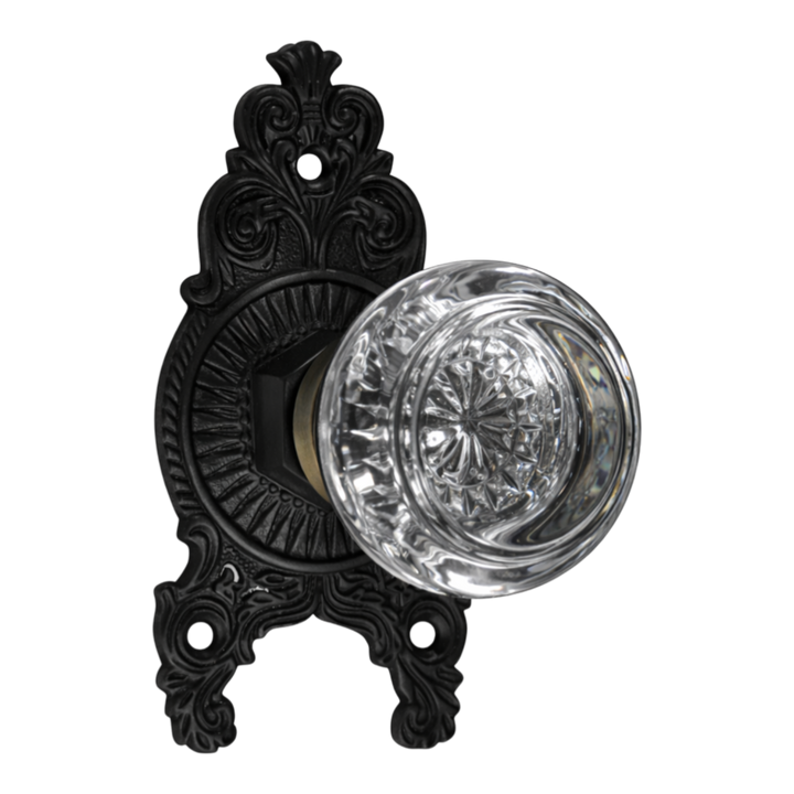 Ornate Victorian Rosette with Round Crystal Door Knobs (Several Finishes Available)