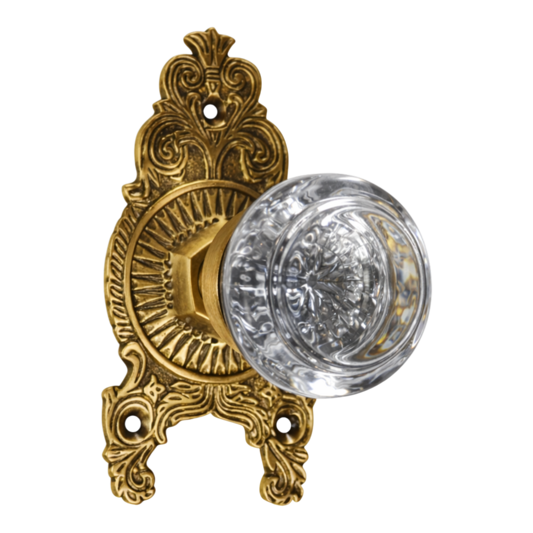 Ornate Victorian Rosette with Round Crystal Door Knobs (Several Finishes Available)