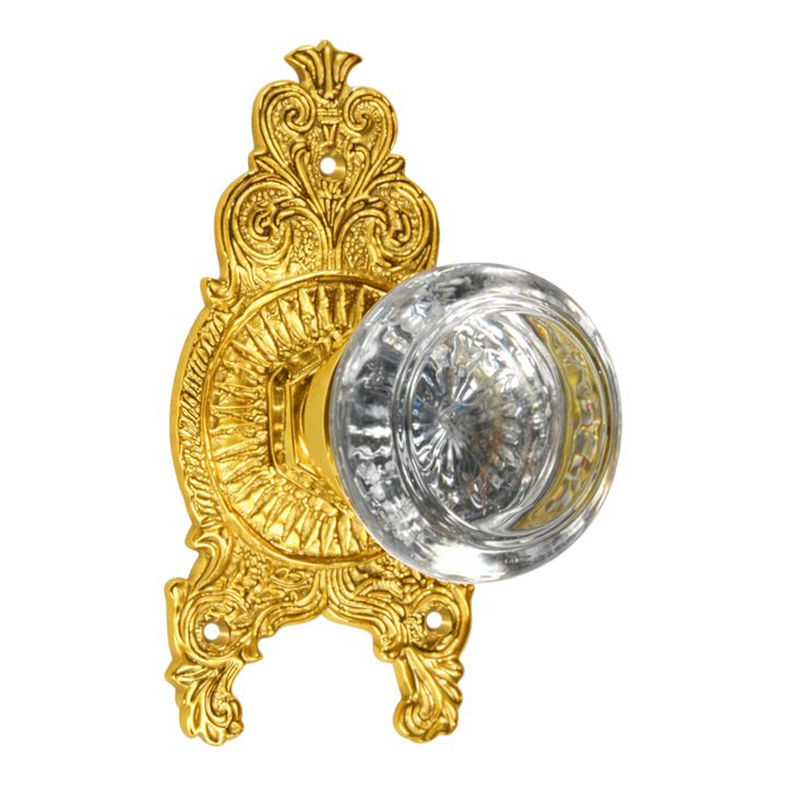Ornate Victorian Rosette with Round Crystal Door Knobs (Several Finishes Available)
